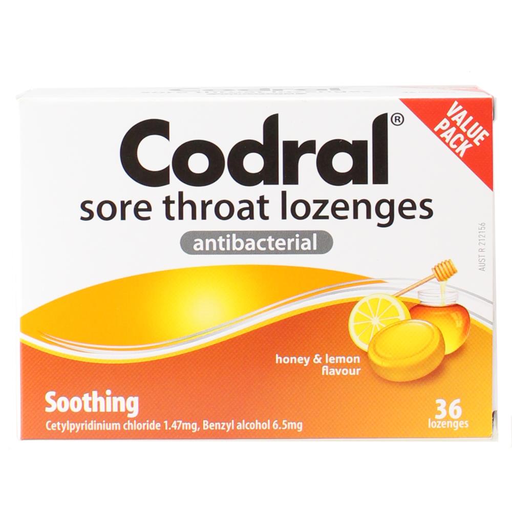 Codral Sore Throat Lozenges Antibacterial Honey and Lemon - 36 Pack 1 Piece - Dollars and Sense