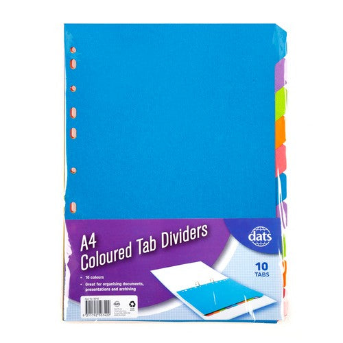 A4 Coloured Tab Dividers - 10 Tabs 1 Piece - Dollars and Sense
