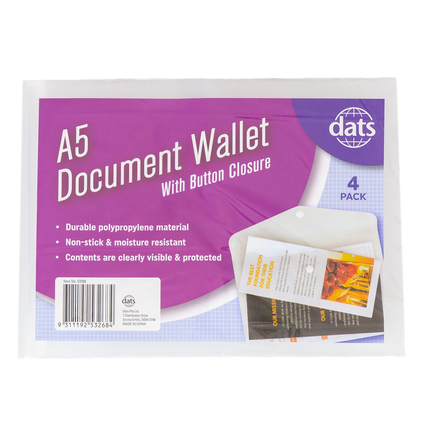 A5 Document Wallet with Button Closure - 4 Pack 1 Piece - Dollars and Sense