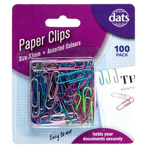 Paper Clips Assorted Metalic Colours - 33mm 100 Pack 1 Piece - Dollars and Sense