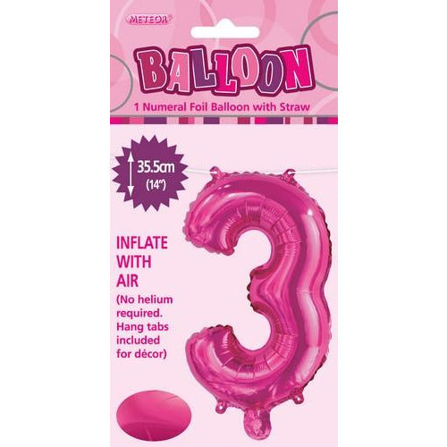 Hot Pink 3 Numeral Foil Balloon 35cm Default Title