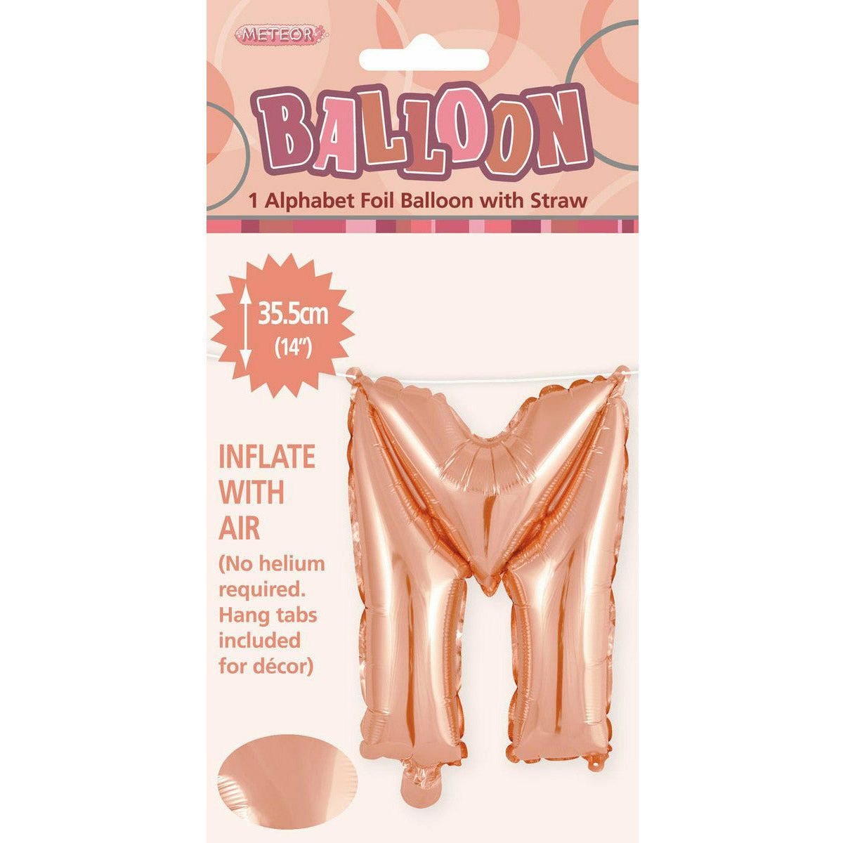 Rose Gold M Alphabet Foil Balloon with Straw - 35cm 1 Piece - Dollars and Sense
