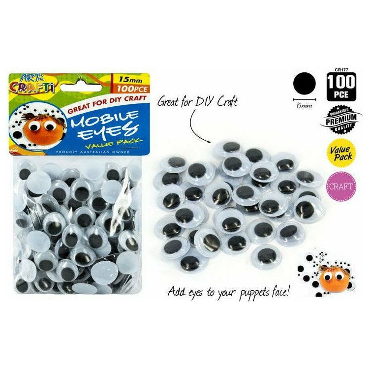 Craft Mobile Eyes Glue On - 15mm 100 Piece - Dollars and Sense