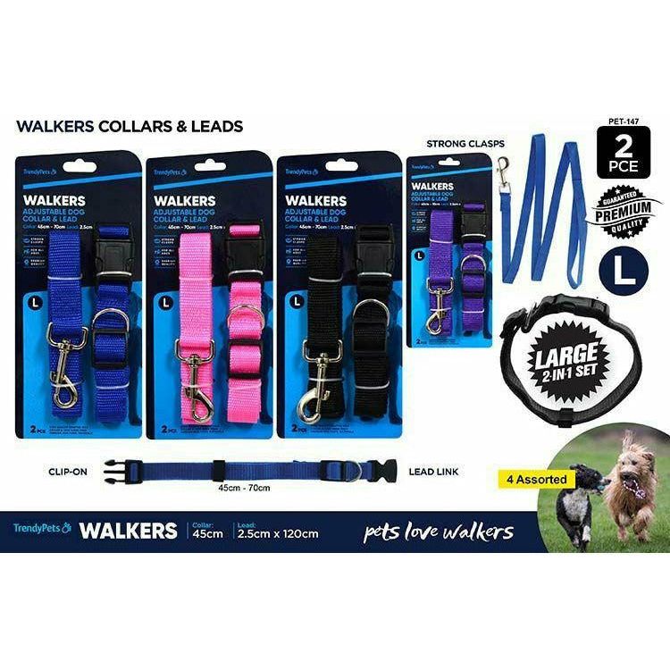 Walkers Adjustable Dog Collar and Lead Large- 45-70cm 1.2m Assorted - Dollars and Sense