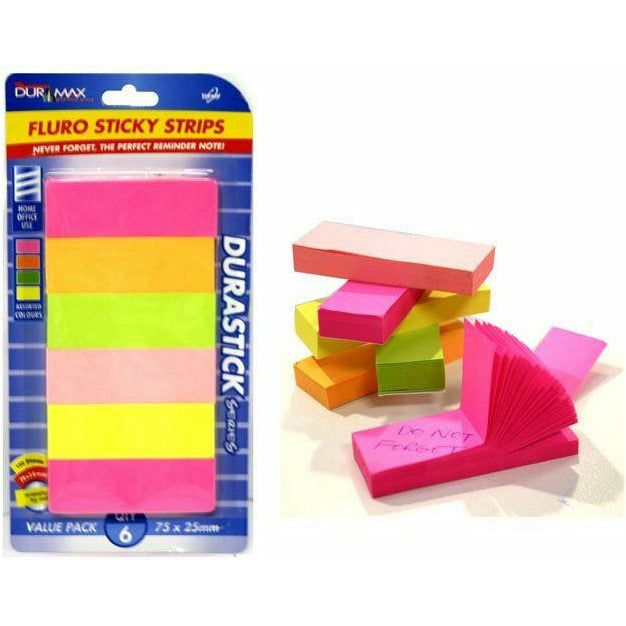 Fluro Sticky Note Strips - 75x25mm 6 Piece 100 Piece Each - Dollars and Sense