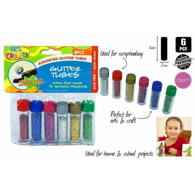 Craft Glitter Tubes with Screw Top - 2x6cm 6 Piece Assorted Bag - Dollars and Sense