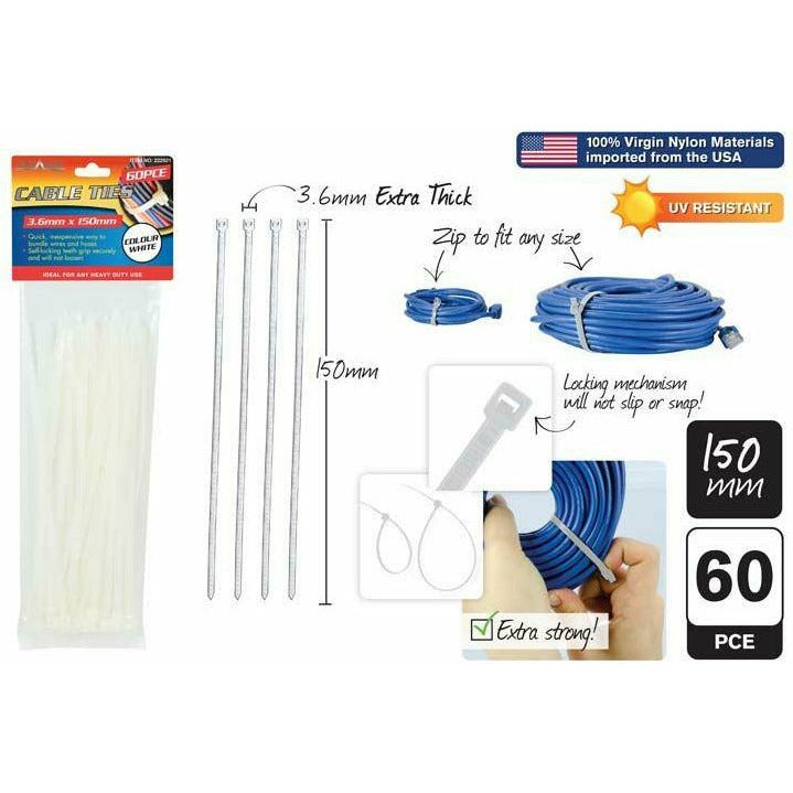 Cable Ties White - 3.6x150mm 60 Piece - Dollars and Sense