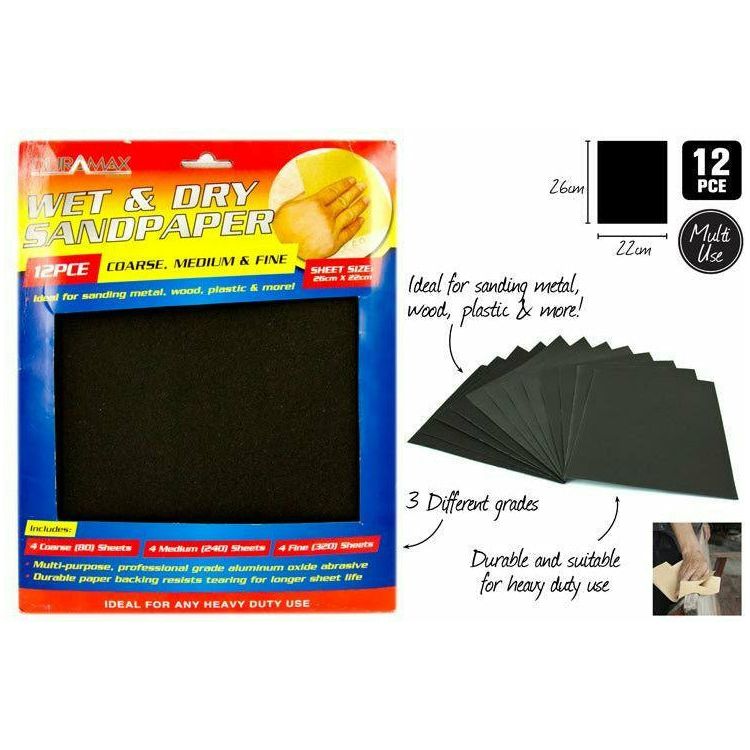 Wet and Dry Sandpaper 26x22cm 12 Piece 3 Grades