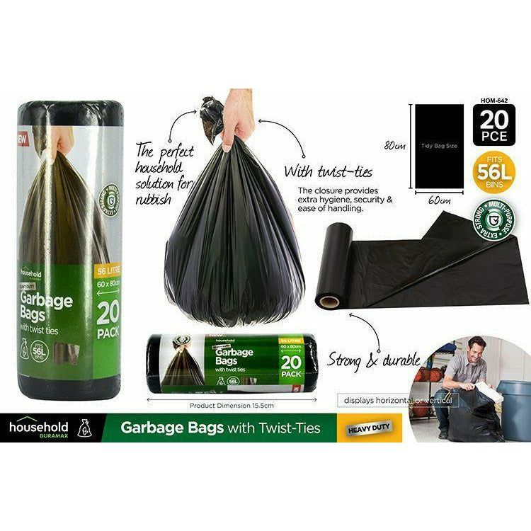 Garbage Bags with Twist-Ties - 60x80cm 20 Piece 56L - Dollars and Sense