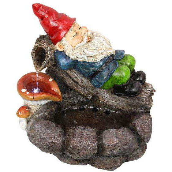 Gnome Relaxing On Rock Fountain With Light - 43cm - Dollars and Sense