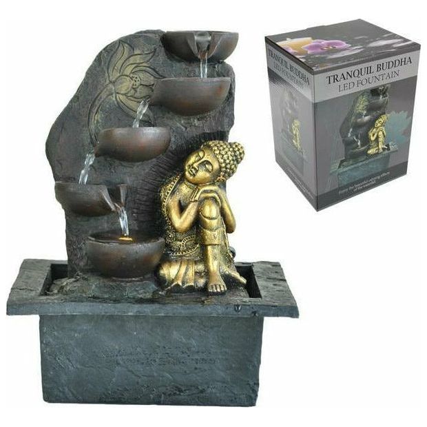 Resting Gold Buddha Fountain with Light - 28cm in Gift Box - Dollars and Sense