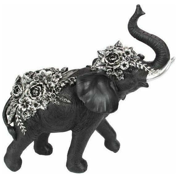 Black and Silver Standing Floral Elephant - 34cm - Dollars and Sense
