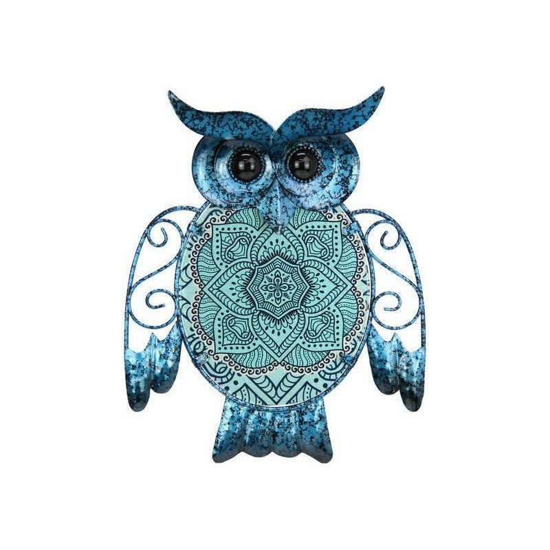 Blue Glass Owl With Mandala Pattern Wall Art - 25cm - Dollars and Sense