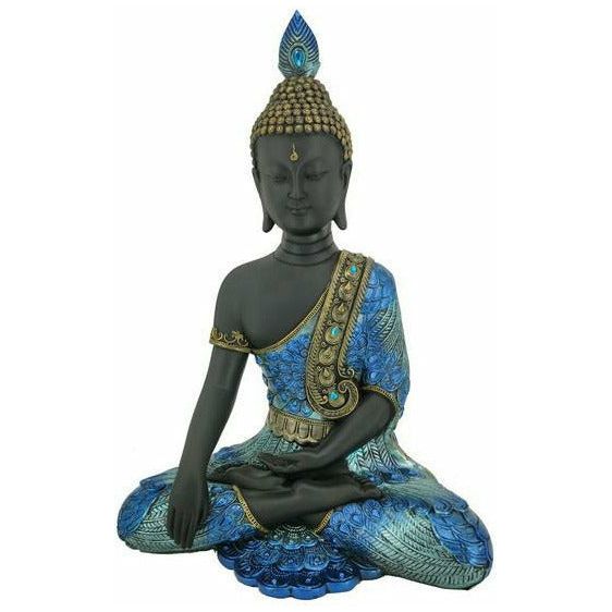 Blue Peacock Coloured Sitting Buddha - 35cm - Dollars and Sense