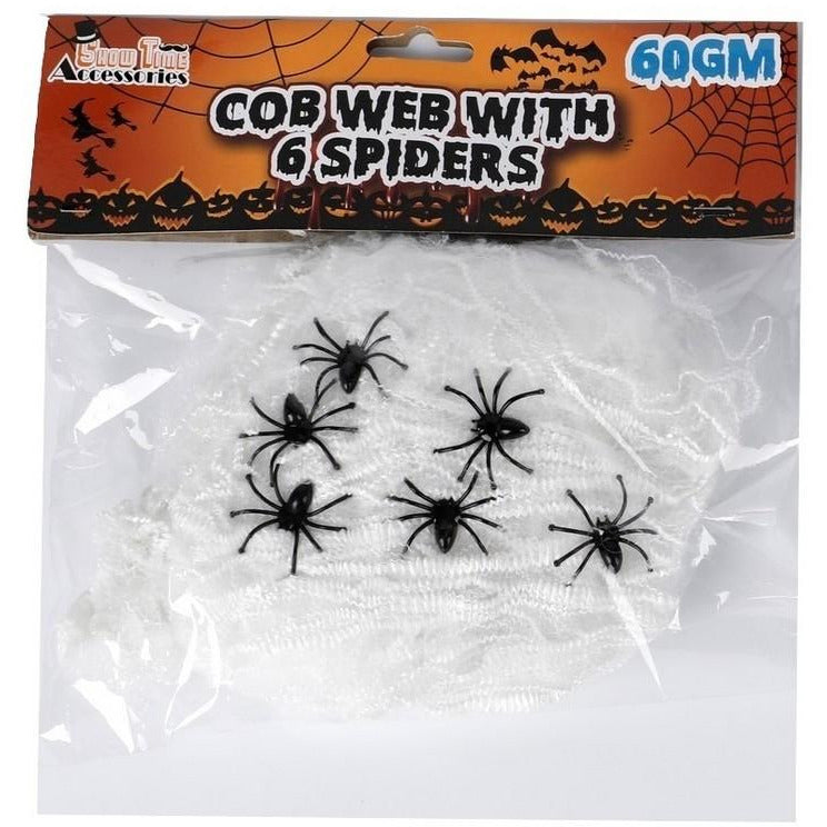 Halloween Cobweb with 6 spiders Black & White 60gm| Dollars and Sense