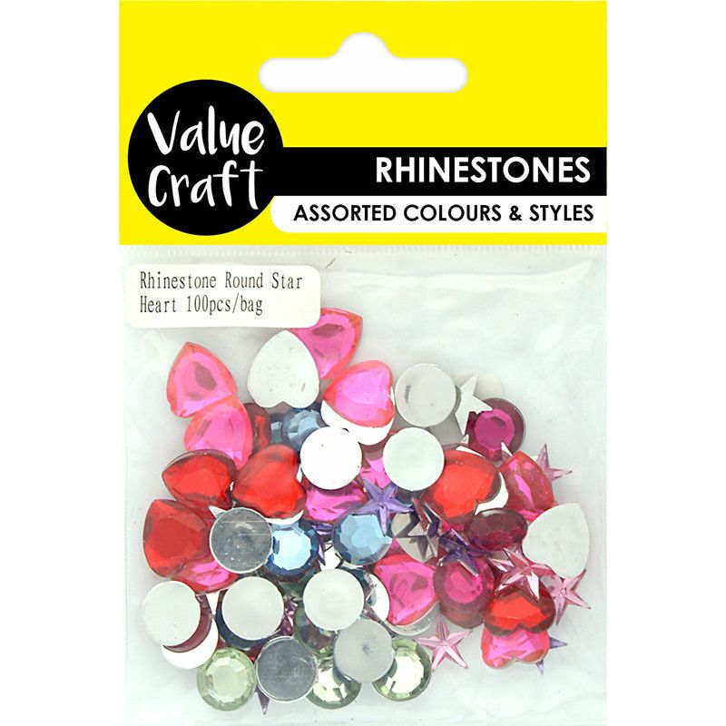 Rhinestone Star & Heart Round Assorted - 100 Pieces - Dollars and Sense