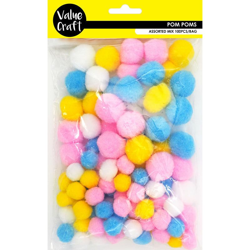 Pom Poms Pastel Colours Assorted - 100 Pieces - Dollars and Sense