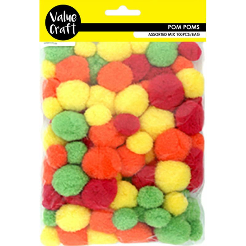 Pom Poms Fluro Colours Assorted - 100 Pieces - Dollars and Sense