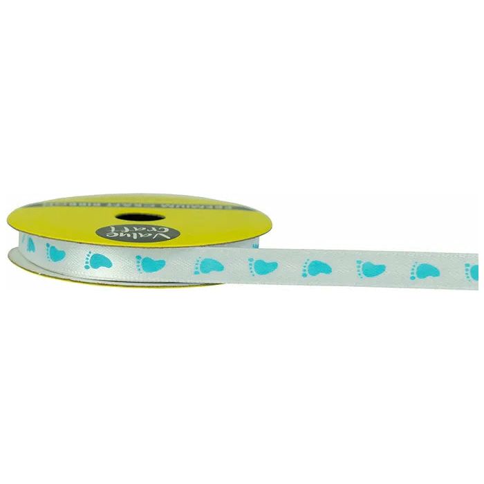 Ribbon Woven Satin with Baby Blue Footprints - 10mmx3m - Dollars and Sense