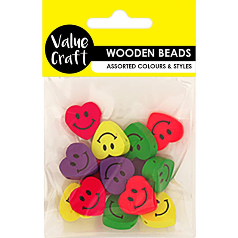 Beads Wooden Fluro Smiley Hearts Assorted - 2x2cm 15g - Dollars and Sense
