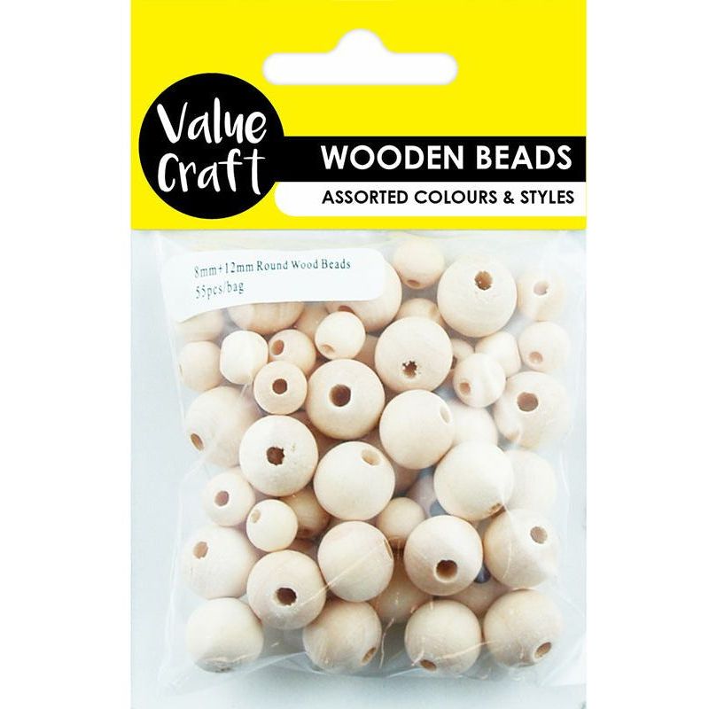 Beads Wood Round Natural - 12mm and 8mm 55 Pieces - Dollars and Sense