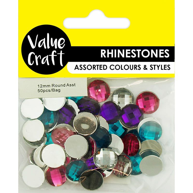 Rhinestones Round Assorted - 12mm 50 Pieces - Dollars and Sense