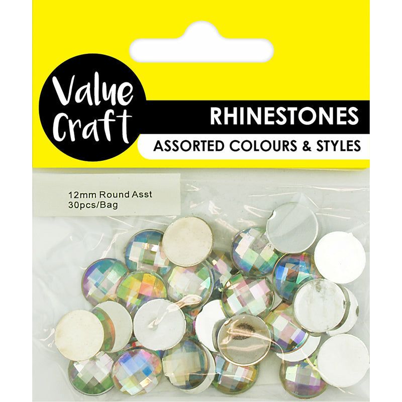 Rhinestones Round Assorted - 12mm 30 Pieces - Dollars and Sense