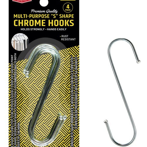 Multi Purpose S Shape Chrome Hooks 4 Pack - 10x3.5cm Each 1 Piece - Dollars and Sense