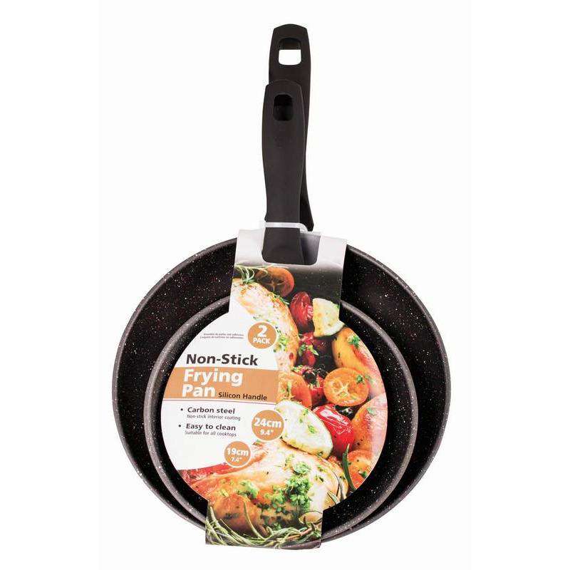 Carbon Steel Frying Pan Non Stick Set Of 2 sml 19cm Lge 24cm with Silicon Handle - Dollars and Sense