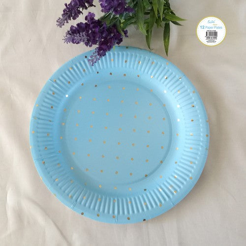 Paper Plate Blue with Gold Foil Polka Dot - 23cm 12 Pack - Dollars and Sense
