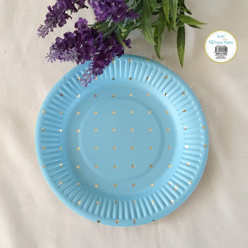 Paper Plate Blue with Gold Foil Polka Dot - 18cm 12 Pack - Dollars and Sense