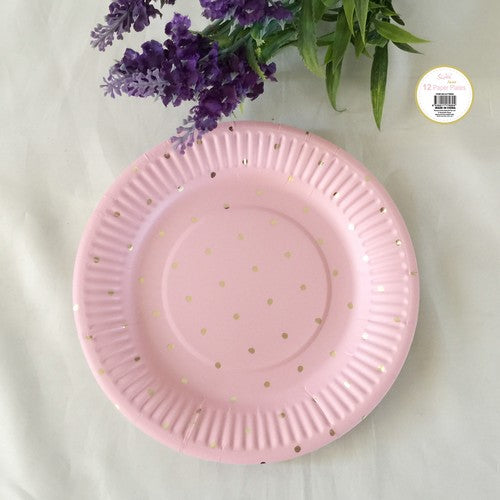 Paper Plate Pink with Gold Foil Polka Dot - 18cm 12 Pack - Dollars and Sense