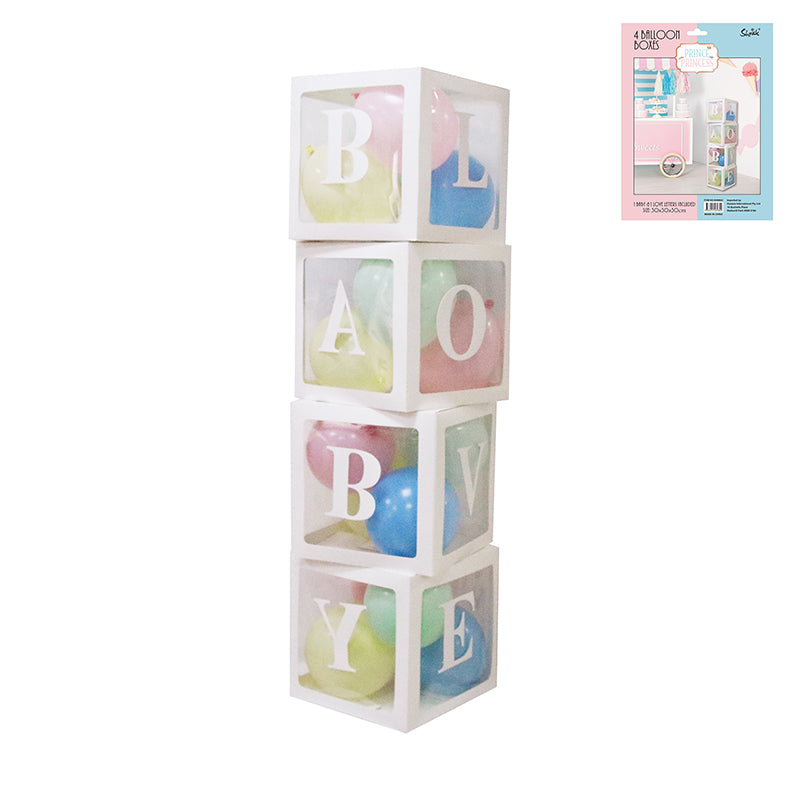 4 White Balloon Boxes with Baby and Love Stickers - Dollars and Sense