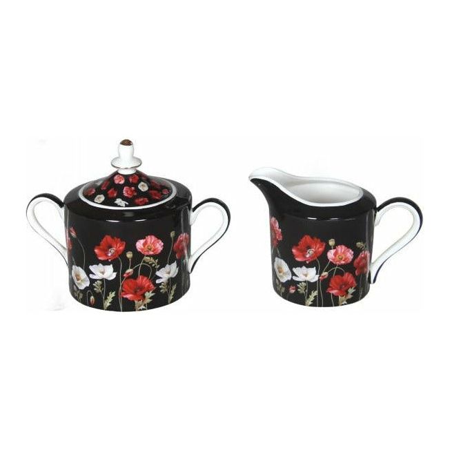 Sugar and Milk Pot Set - Poppies on Black Fine Bone China - Gift Box - Dollars and Sense