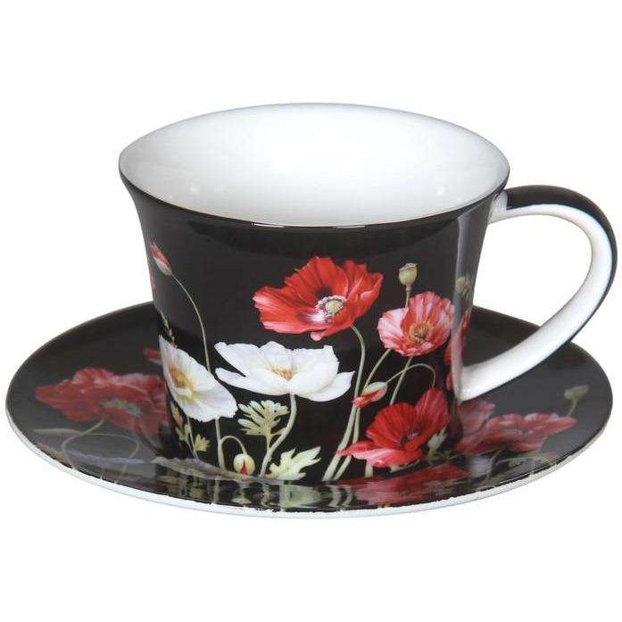 Fine Bone China Poppies Black Cup and Saucer Gift Box 250cc - Dollars and Sense