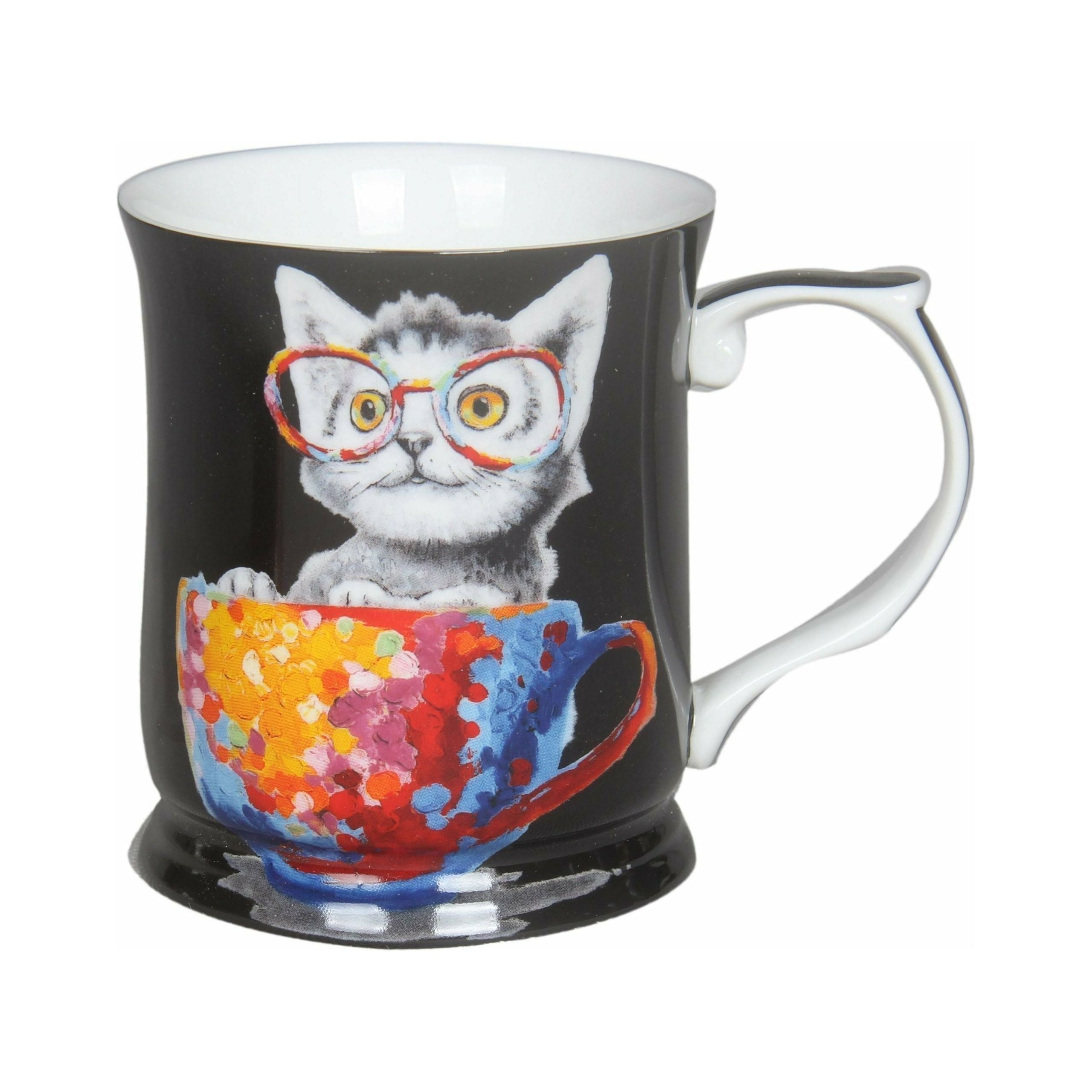 Cheeki Little Cat on Black Fine Bone China Mug - 415ml Gift Box - Dollars and Sense