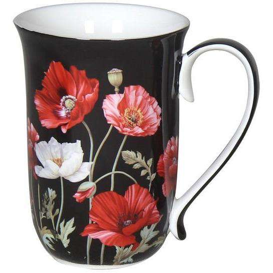 Fine Bone China Poppies Flower on Black Mug 405cc - Dollars and Sense