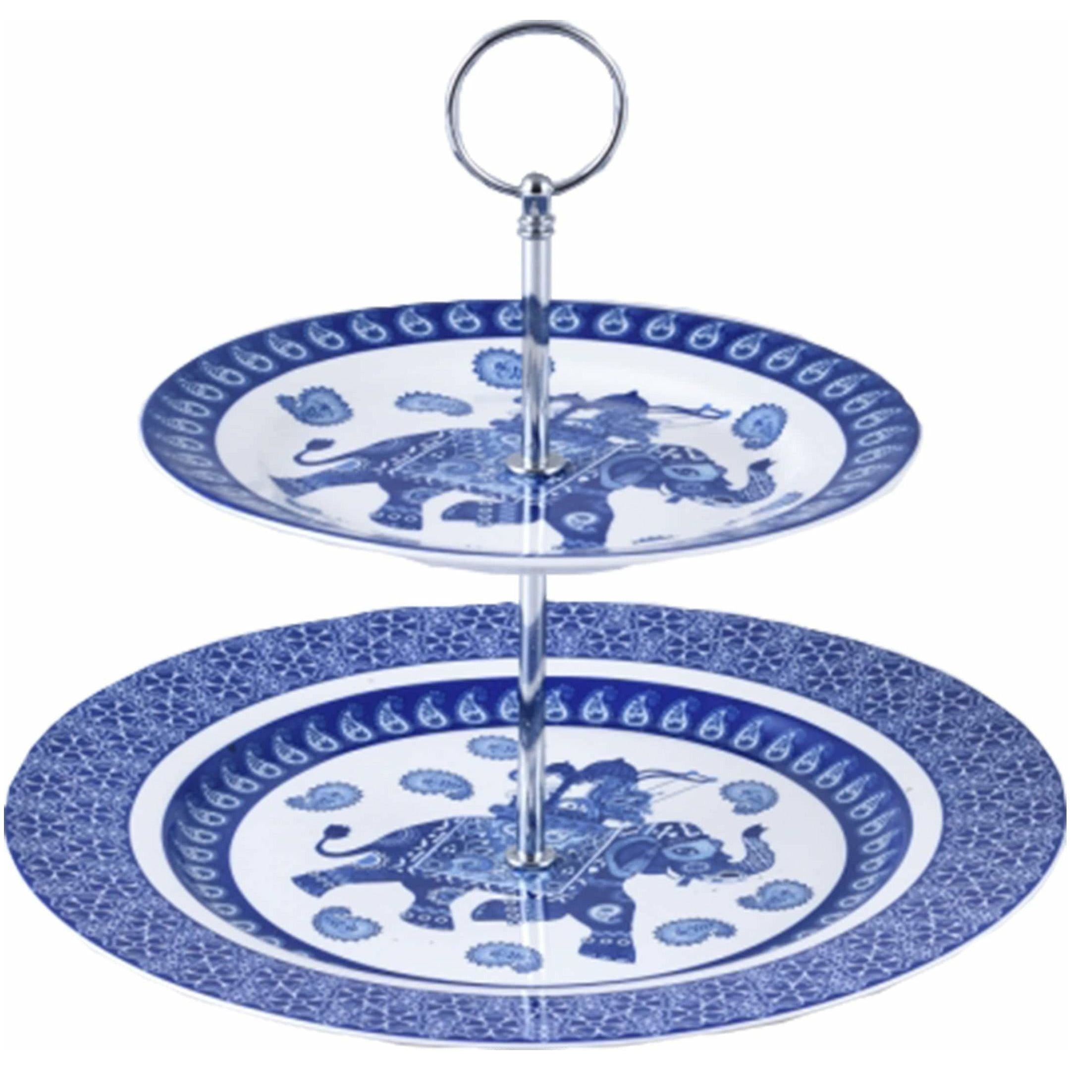 Blue and White Elephant Two Tier Cake Stand - 1 Piece - Dollars and Sense