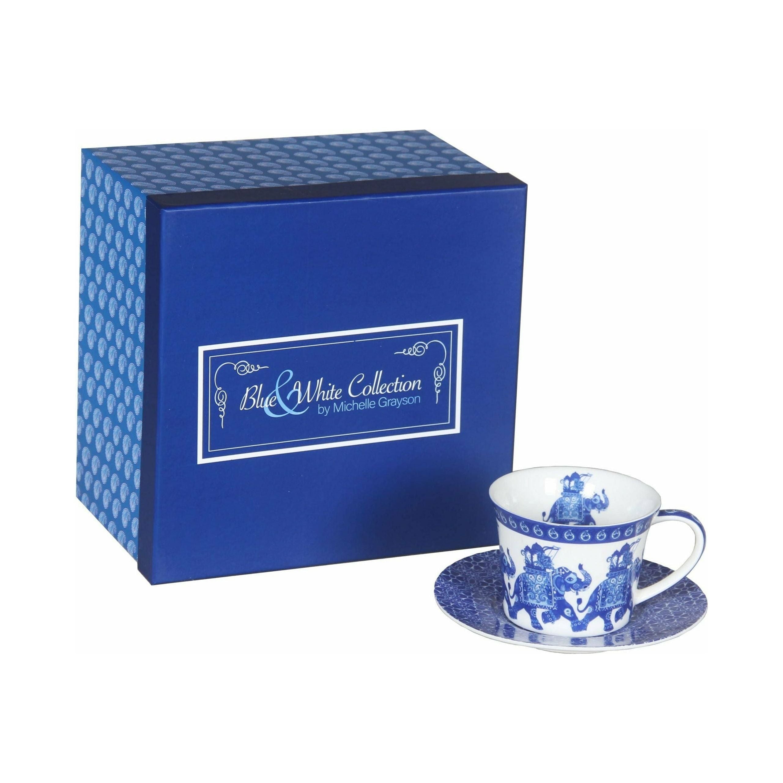 Blue and White Elephant Cup and Saucer Set - 250cc 2 Piece - Dollars and Sense