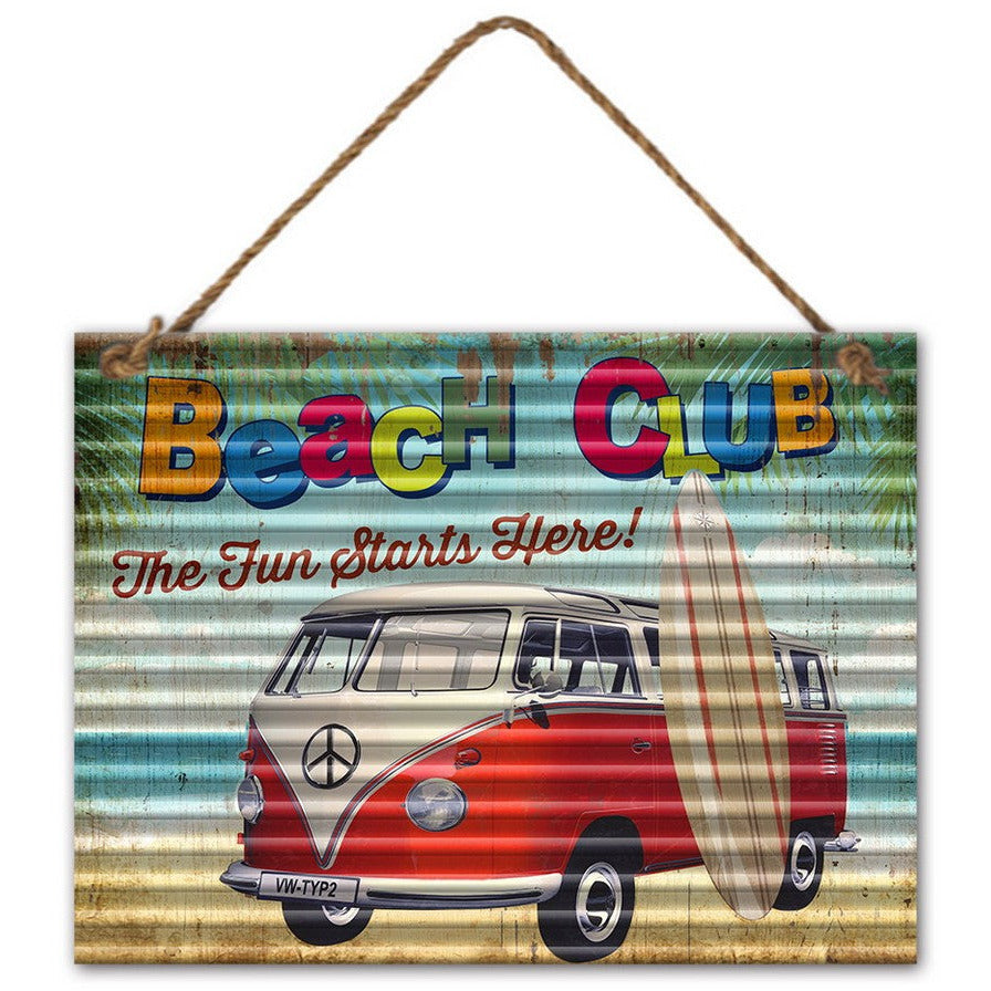 Corrugated Metal Kombi Van Beach Club Wall Hanging Plaque - Dollars and Sense