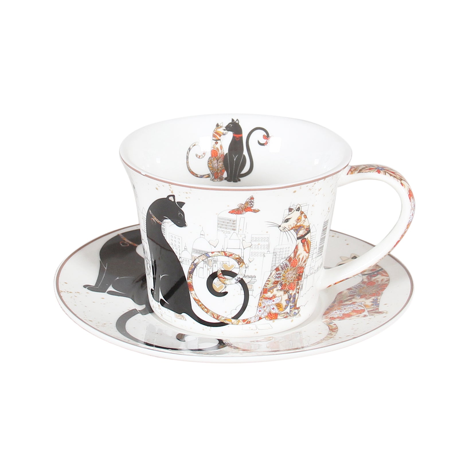 Embossed Cat Couple on Fine Bone China Cup and Saucer Set - 250ml Gift Box - Dollars and Sense