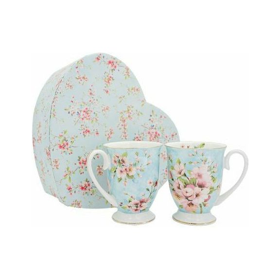 Peach Blossom on Blue Fine Bone Gold Rim China Mugs - 280ml Heart Gift Box - Dollars and Sense