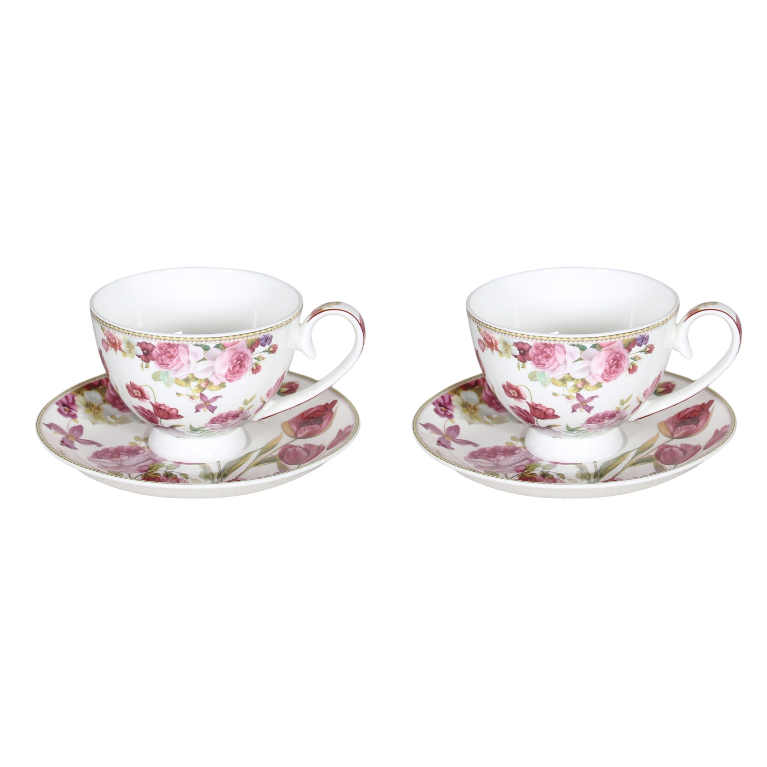 Rose and Tulip Fine Bone China Two Cups & Saucers Set - 250ml Gift Box - Dollars and Sense