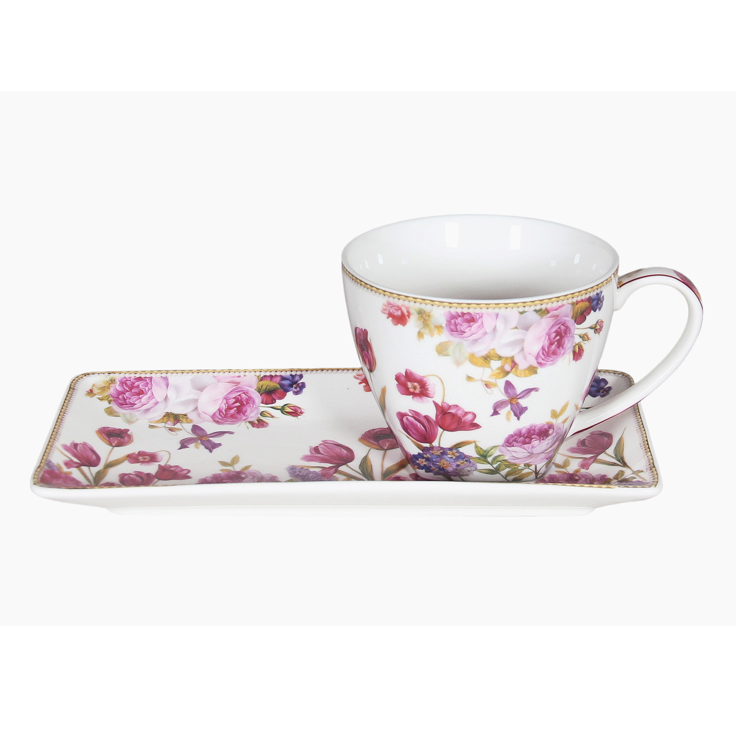 Rose and Tulip on Fine Bone China Cup and Saucer breakfast Set - 250ml Gift Box - Dollars and Sense