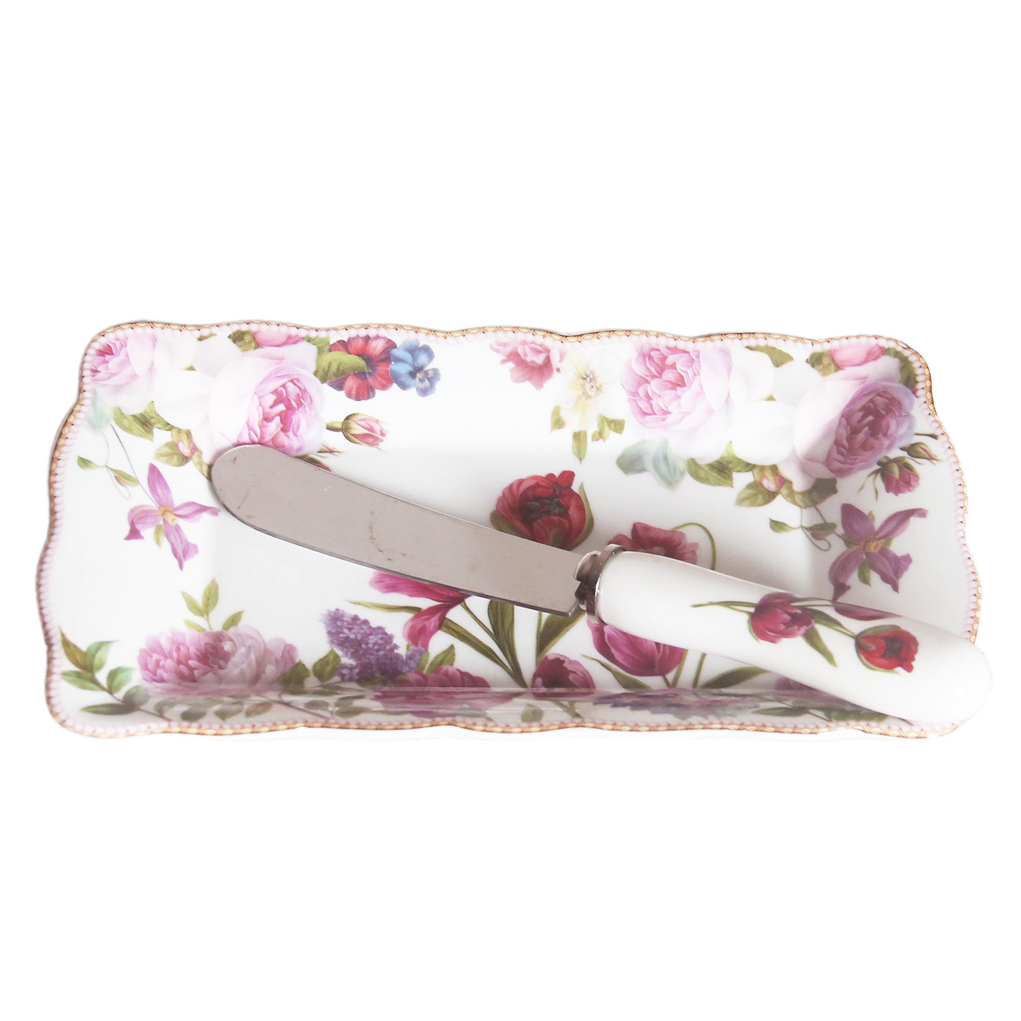 Rose and Tulip Fine Bone China Butter Dish with Knife - Gift Box - Dollars and Sense