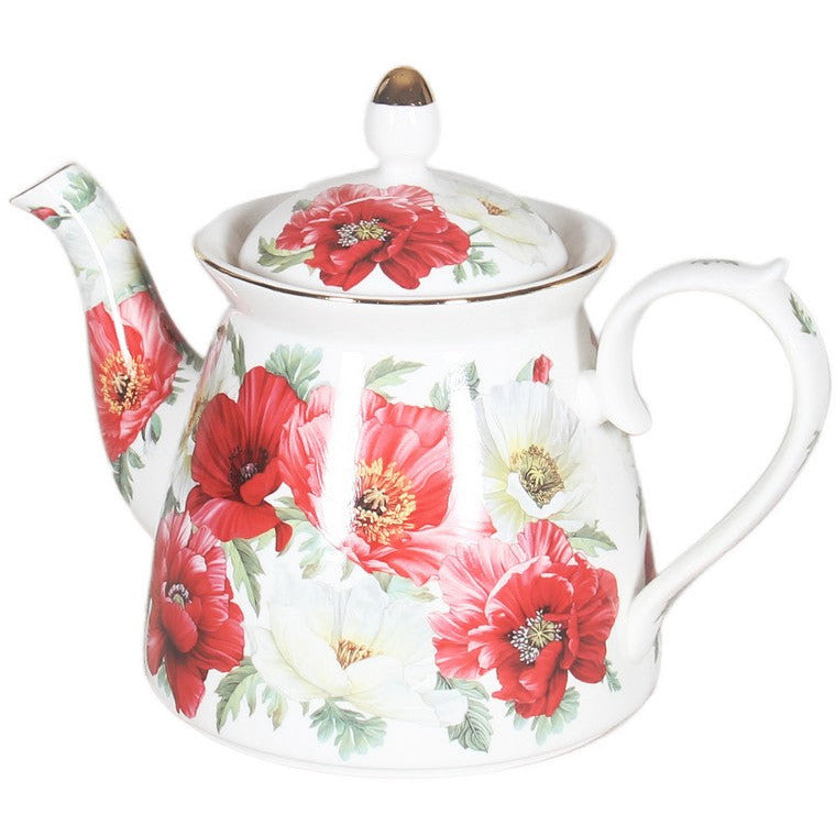 New Poppies on White Fine Bone China Teapot
