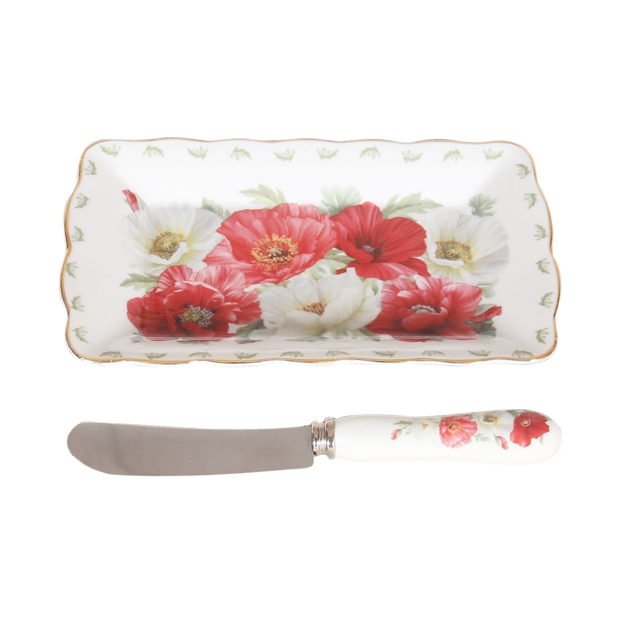 Cheese Platter Set with Knife - New Poppies on White Fine Bone China - Gift Box - Dollars and Sense