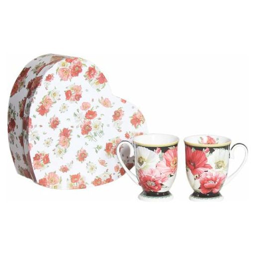 New Poppies on Black Fine Bone China Mugs - 280ml Heart Gift Box - Dollars and Sense