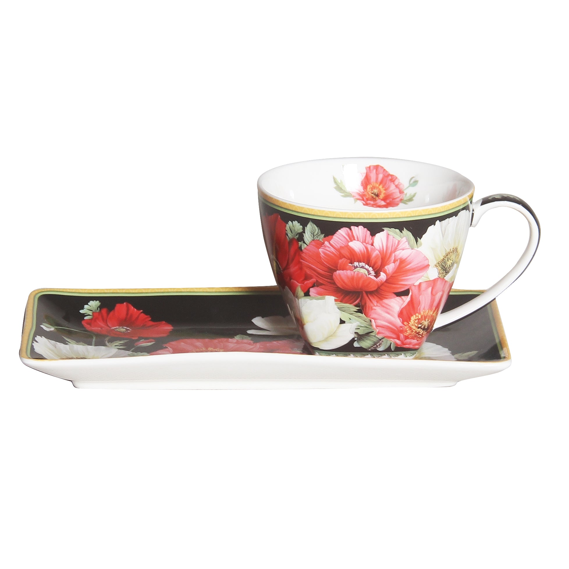 Cup and Saucer Breakfast Set - Poppies on Black Fine Bone China - 250ml Gift Box - Dollars and Sense