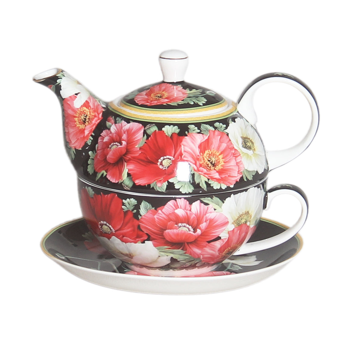 Tea For One - New Poppies on Black Fine Bone China - Gift Box - Dollars and Sense